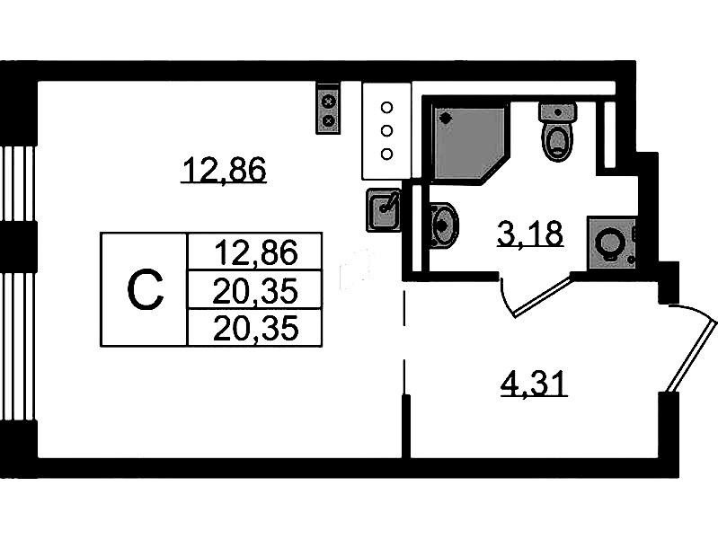 Квартира студия 20.35 м², 5/13 эт., ЖК «Квартал Торики»